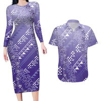 Hawaii Lavender Kapa Couples Matching Long Sleeve Bodycon Dress and Hawaiian Shirt Vintage 'Ohe Kāpala Motifs Mix Plumeria Leis LT7 Lavender - Polynesian Pride