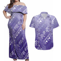 Hawaii Lavender Kapa Couples Matching Off Shoulder Maxi Dress and Hawaiian Shirt Vintage 'Ohe Kāpala Motifs Mix Plumeria Leis LT7 Lavender - Polynesian Pride