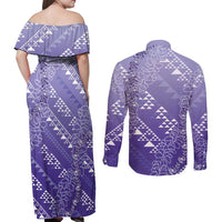 Hawaii Lavender Kapa Couples Matching Off Shoulder Maxi Dress and Long Sleeve Button Shirt Vintage 'Ohe Kāpala Motifs Mix Plumeria Leis LT7 - Polynesian Pride