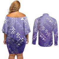 Hawaii Lavender Kapa Couples Matching Off Shoulder Short Dress and Long Sleeve Button Shirt Vintage 'Ohe Kāpala Motifs Mix Plumeria Leis LT7 - Polynesian Pride