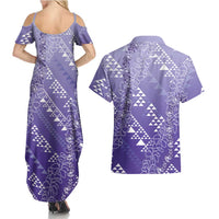 Hawaii Lavender Kapa Couples Matching Summer Maxi Dress and Hawaiian Shirt Vintage 'Ohe Kāpala Motifs Mix Plumeria Leis LT7 - Polynesian Pride