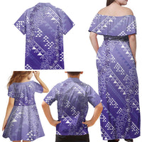 Hawaii Lavender Kapa Family Matching Off Shoulder Maxi Dress and Hawaiian Shirt Vintage 'Ohe Kāpala Motifs Mix Plumeria Leis LT7 - Polynesian Pride