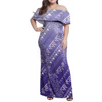 Hawaii Lavender Kapa Family Matching Off Shoulder Maxi Dress and Hawaiian Shirt Vintage 'Ohe Kāpala Motifs Mix Plumeria Leis LT7 Mom's Dress Lavender - Polynesian Pride