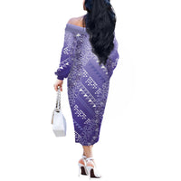 Hawaii Lavender Kapa Off The Shoulder Long Sleeve Dress Vintage 'Ohe Kāpala Motifs Mix Plumeria Leis LT7 - Polynesian Pride
