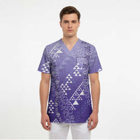 Hawaii Lavender Kapa Scrub Top Vintage 'Ohe Kāpala Motifs Mix Plumeria Leis