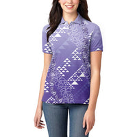 Hawaii Lavender Kapa Women Polo Shirt Vintage 'Ohe Kāpala Motifs Mix Plumeria Leis LT7 - Polynesian Pride