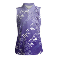 Hawaii Lavender Kapa Women Sleeveless Polo Shirt Vintage 'Ohe Kāpala Motifs Mix Plumeria Leis LT7 Female Lavender - Polynesian Pride