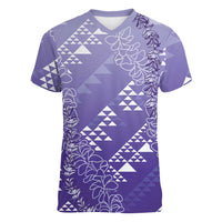 Hawaii Lavender Kapa Women V-Neck T-Shirt Vintage 'Ohe Kāpala Motifs Mix Plumeria Leis LT7 Female Lavender - Polynesian Pride