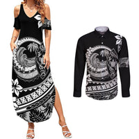 Polynesian Plumeria Couples Matching Summer Maxi Dress and Long Sleeve Button Shirts Ride The Waves - Black LT7 Black - Polynesian Pride