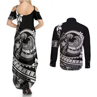Polynesian Plumeria Couples Matching Summer Maxi Dress and Long Sleeve Button Shirts Ride The Waves - Black LT7 - Polynesian Pride