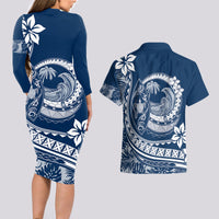 Polynesian Plumeria Couples Matching Long Sleeve Bodycon Dress and Hawaiian Shirt Ride The Waves - Navy Blue LT7 - Polynesian Pride