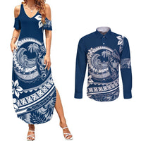 Polynesian Plumeria Couples Matching Summer Maxi Dress and Long Sleeve Button Shirts Ride The Waves - Navy Blue LT7 Navy Blue - Polynesian Pride