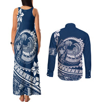 Polynesian Plumeria Couples Matching Tank Maxi Dress and Long Sleeve Button Shirts Ride The Waves - Navy Blue LT7 - Polynesian Pride