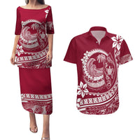 Polynesian Plumeria Couples Matching Puletasi Dress and Hawaiian Shirt Ride The Waves - Burgundy LT7 Burgundy - Polynesian Pride