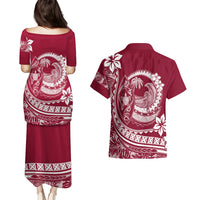 Polynesian Plumeria Couples Matching Puletasi Dress and Hawaiian Shirt Ride The Waves - Burgundy LT7 - Polynesian Pride