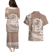 Polynesian Plumeria Couples Matching Puletasi Dress and Hawaiian Shirt Ride The Waves - Beige LT7 - Polynesian Pride