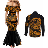 Polynesian Plumeria Couples Matching Mermaid Dress and Long Sleeve Button Shirts Ride The Waves - Orange LT7 - Polynesian Pride