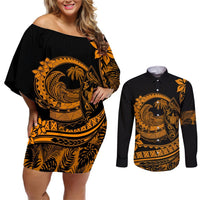 Polynesian Plumeria Couples Matching Off Shoulder Short Dress and Long Sleeve Button Shirts Ride The Waves - Orange LT7 Orange - Polynesian Pride