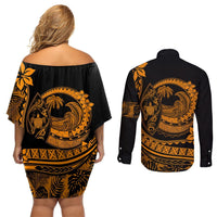 Polynesian Plumeria Couples Matching Off Shoulder Short Dress and Long Sleeve Button Shirts Ride The Waves - Orange LT7 - Polynesian Pride