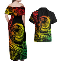 Polynesian Plumeria Couples Matching Off Shoulder Maxi Dress and Hawaiian Shirt Ride The Waves - Reggae LT7 - Polynesian Pride