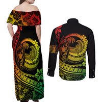 Polynesian Plumeria Couples Matching Off Shoulder Maxi Dress and Long Sleeve Button Shirts Ride The Waves - Reggae LT7 - Polynesian Pride