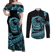Polynesian Plumeria Couples Matching Off Shoulder Maxi Dress and Long Sleeve Button Shirts Ride The Waves - Turquoise LT7 Turquoise - Polynesian Pride