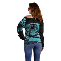 Polynesian Plumeria Off Shoulder Sweater Ride The Waves - Turquoise LT7 - Polynesian Pride