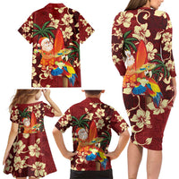 Crimson Red Tropical Christmas Hawaii Tapa Family Matching Long Sleeve Bodycon Dress and Hawaiian Shirt Aloha Santa Drink Party LT7 - Polynesian Pride