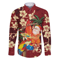 Crimson Red Tropical Christmas Hawaii Tapa Family Matching Long Sleeve Bodycon Dress and Hawaiian Shirt Aloha Santa Drink Party LT7 Dad's Shirt - Long Sleeve Red - Polynesian Pride