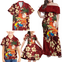 Crimson Red Tropical Christmas Hawaii Tapa Family Matching Off Shoulder Maxi Dress and Hawaiian Shirt Aloha Santa Drink Party - Polynesian Pride