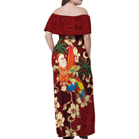 Crimson Red Tropical Christmas Hawaii Tapa Family Matching Off Shoulder Maxi Dress and Hawaiian Shirt Aloha Santa Drink Party - Polynesian Pride