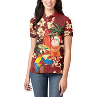 Crimson Red Tropical Christmas Hawaii Tapa Women Polo Shirt Aloha Santa Drink Party LT7 - Polynesian Pride