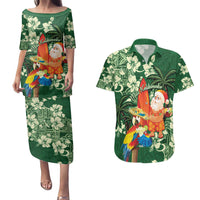 Moss Green Tropical Christmas Hawaii Tapa Couples Matching Puletasi and Hawaiian Shirt Aloha Santa Drink Party LT7 Green - Polynesian Pride
