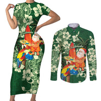 Moss Green Tropical Christmas Hawaii Tapa Couples Matching Short Sleeve Bodycon Dress and Long Sleeve Button Shirt Aloha Santa Drink Party LT7 Green - Polynesian Pride