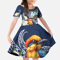 Hafa Adai Guam Family Matching Long Sleeve Bodycon Dress and Hawaiian Shirt Sihek Guam Kingfisher with Guasali LT7 Daughter's Dress Navy Blue - Polynesian Pride