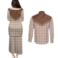 Aloha Hawaii Cowboys Paniolo Couples Matching Puletasi and Long Sleeve Button Shirt Beige Palaka - Polynesian Pride