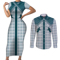 Aloha Hawaii Cowboys Paniolo Couples Matching Short Sleeve Bodycon Dress and Long Sleeve Button Shirt Teal Palaka - Polynesian Pride