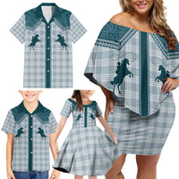 Aloha Hawaii Cowboys Paniolo Family Matching Off Shoulder Short Dress and Hawaiian Shirt Teal Palaka - Polynesian Pride