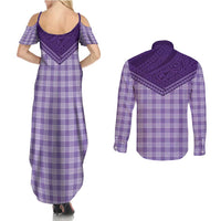Aloha Hawaii Cowboys Paniolo Couples Matching Summer Maxi Dress and Long Sleeve Button Shirt Violet Palaka - Polynesian Pride