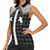 Aloha Hawaii Cowboys Paniolo Women Sleeveless Polo Shirt Black Palaka - Polynesian Pride