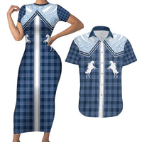 Aloha Hawaii Cowboys Paniolo Couples Matching Short Sleeve Bodycon Dress and Hawaiian Shirt Navy Blue Palaka LT7 Navy - Polynesian Pride