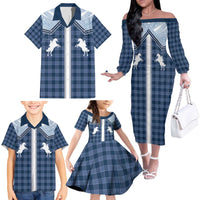 Aloha Hawaii Cowboys Paniolo Family Matching Off The Shoulder Long Sleeve Dress and Hawaiian Shirt Navy Blue Palaka - Polynesian Pride