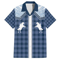 Aloha Hawaii Cowboys Paniolo Family Matching Off The Shoulder Long Sleeve Dress and Hawaiian Shirt Navy Blue Palaka - Polynesian Pride