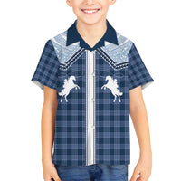 Aloha Hawaii Cowboys Paniolo Family Matching Off Shoulder Short Dress and Hawaiian Shirt Navy Blue Palaka - Polynesian Pride
