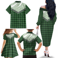 Aloha Hawaii Cowboys Paniolo Family Matching Off The Shoulder Long Sleeve Dress and Hawaiian Shirt Forest Green Palaka - Polynesian Pride