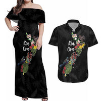 Kia Ora New Zealand Floral Personalized Couples Matching Off Shoulder Maxi Dress and Hawaiian Shirt Black - Polynesian Pride