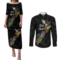 Kia Ora New Zealand Floral Personalized Couples Matching Puletasi and Long Sleeve Button Shirt Black - Polynesian Pride