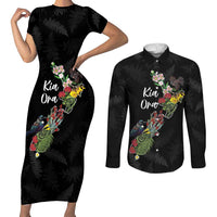 Kia Ora New Zealand Floral Personalized Couples Matching Short Sleeve Bodycon Dress and Long Sleeve Button Shirt Black - Polynesian Pride