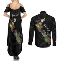 Kia Ora New Zealand Floral Personalized Couples Matching Summer Maxi Dress and Long Sleeve Button Shirt Black - Polynesian Pride
