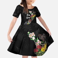 Kia Ora New Zealand Floral Personalized Family Matching Long Sleeve Bodycon Dress and Hawaiian Shirt Black LT7 Daughter's Dress Black - Polynesian Pride